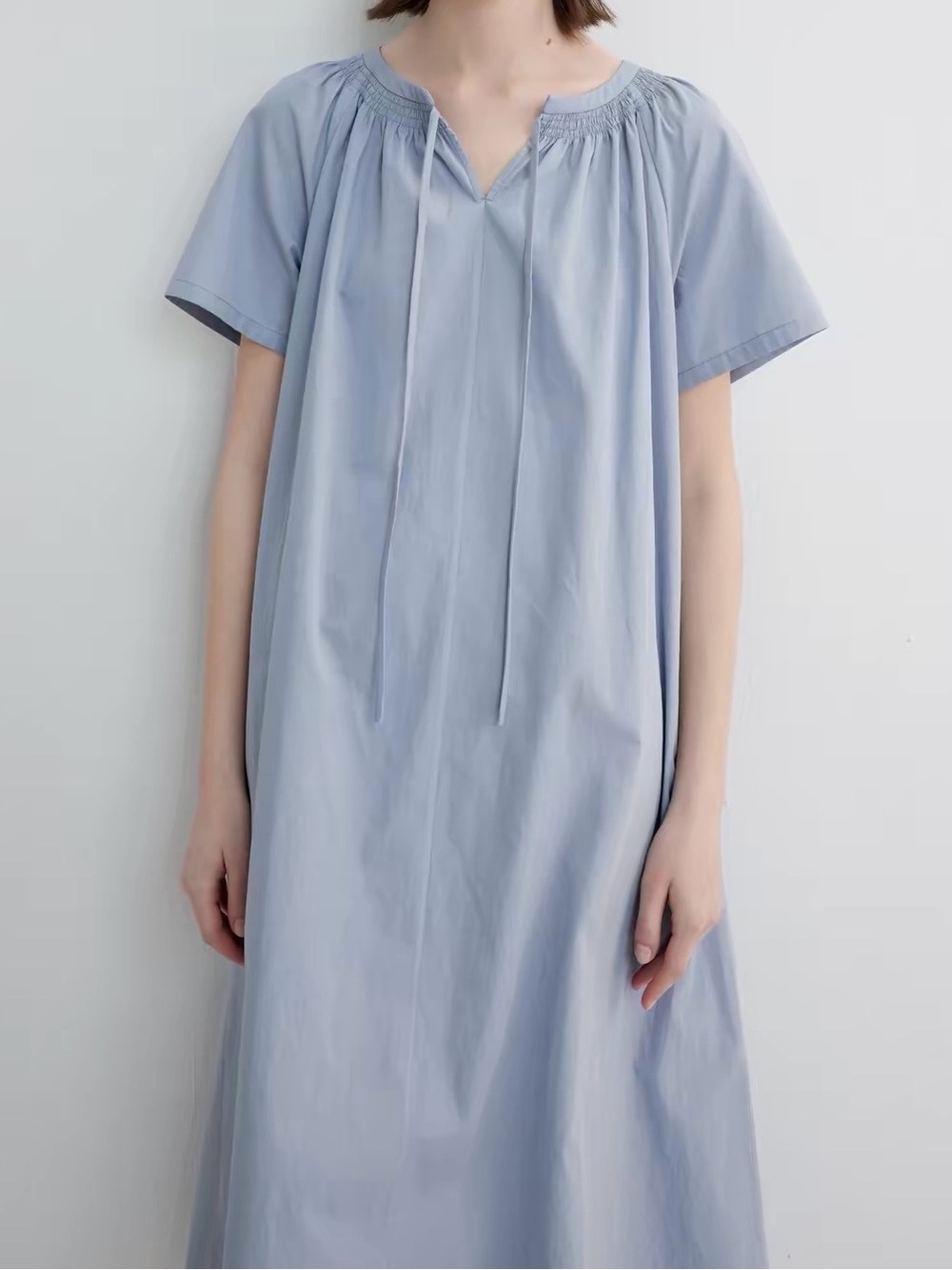 Light Blue Maxi Tie-Neck Cotton Dress